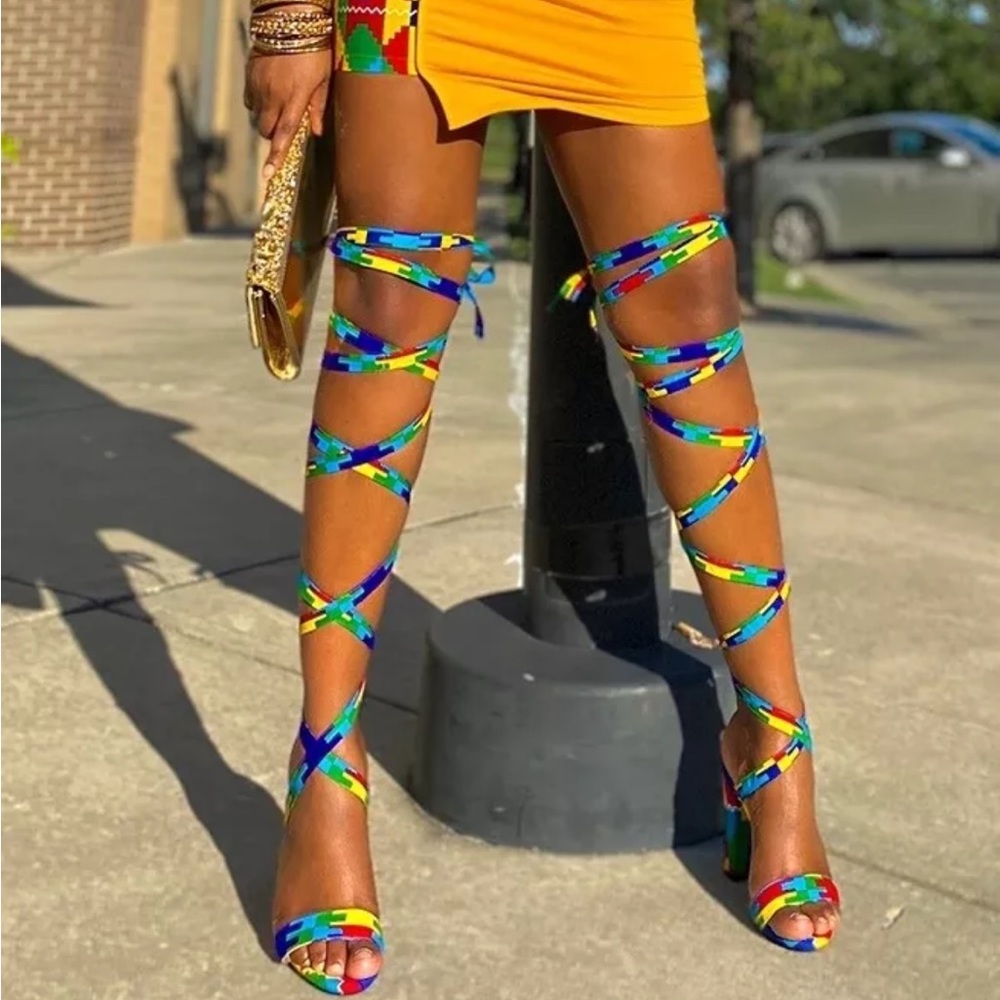 CHIMZI AKUBA Block Heels Sandal African Ankara Fabric Size 10